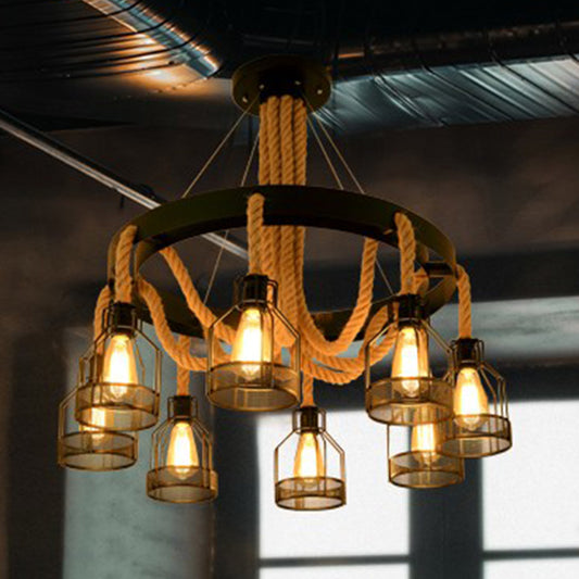 Iron Caged Chandelier Pendant Light Industrial Restaurant Hanging Light with Hemp Rope in Black Clearhalo 'Cast Iron' 'Ceiling Lights' 'Chandeliers' 'Industrial Chandeliers' 'Industrial' 'Metal' 'Middle Century Chandeliers' 'Rustic Chandeliers' 'Tiffany' Lighting' 2227584
