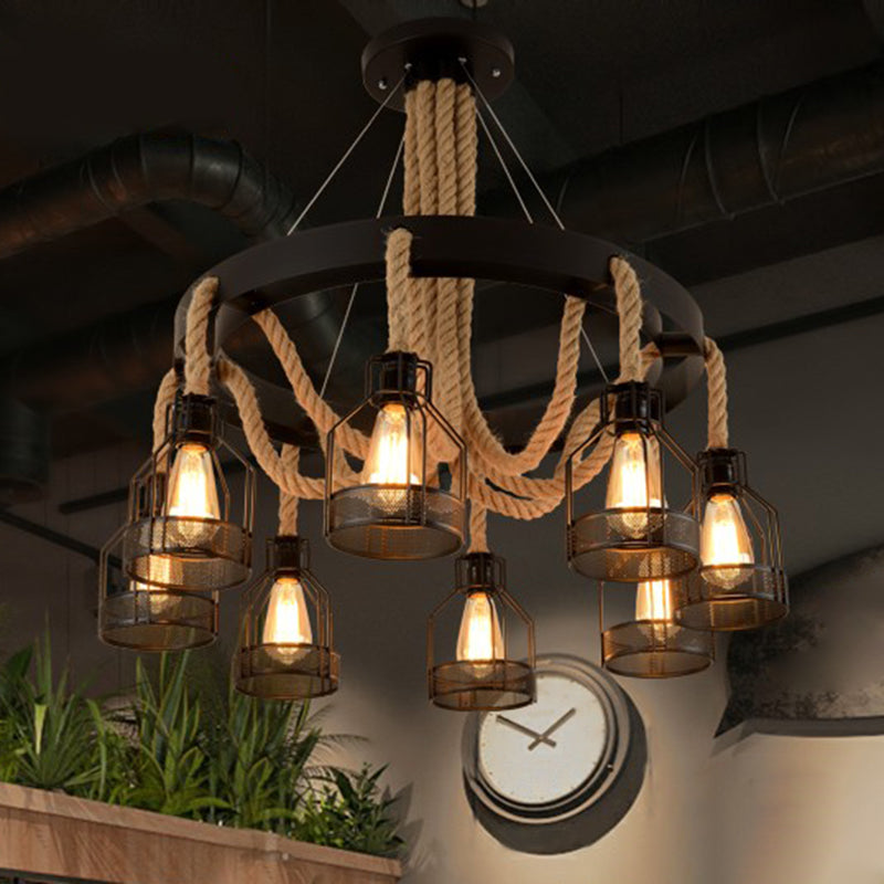 Iron Caged Chandelier Pendant Light Industrial Restaurant Hanging Light with Hemp Rope in Black 8 Black Clearhalo 'Cast Iron' 'Ceiling Lights' 'Chandeliers' 'Industrial Chandeliers' 'Industrial' 'Metal' 'Middle Century Chandeliers' 'Rustic Chandeliers' 'Tiffany' Lighting' 2227586