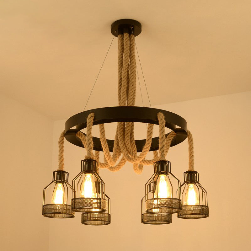 Iron Caged Chandelier Pendant Light Industrial Restaurant Hanging Light with Hemp Rope in Black 6 Black Clearhalo 'Cast Iron' 'Ceiling Lights' 'Chandeliers' 'Industrial Chandeliers' 'Industrial' 'Metal' 'Middle Century Chandeliers' 'Rustic Chandeliers' 'Tiffany' Lighting' 2227587