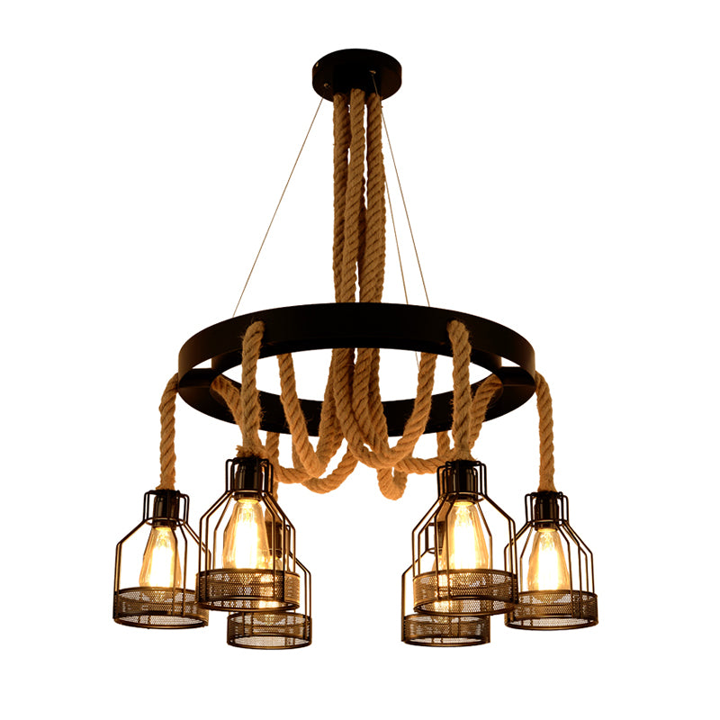 Iron Caged Chandelier Pendant Light Industrial Restaurant Hanging Light with Hemp Rope in Black Clearhalo 'Cast Iron' 'Ceiling Lights' 'Chandeliers' 'Industrial Chandeliers' 'Industrial' 'Metal' 'Middle Century Chandeliers' 'Rustic Chandeliers' 'Tiffany' Lighting' 2227588