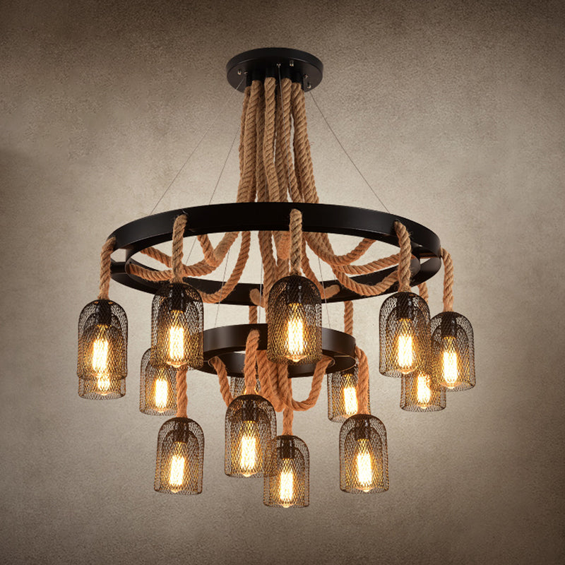 Cylinder Iron Chandelier Light Vintage Restaurant Pendant Light Fixture with Dangling Rope in Black 12 Black Clearhalo 'Cast Iron' 'Ceiling Lights' 'Chandeliers' 'Industrial Chandeliers' 'Industrial' 'Metal' 'Middle Century Chandeliers' 'Rustic Chandeliers' 'Tiffany' Lighting' 2227595