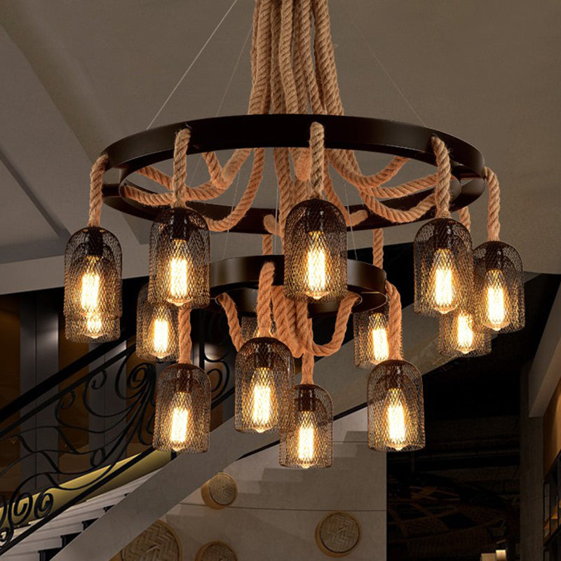Cylinder Iron Chandelier Light Vintage Restaurant Pendant Light Fixture with Dangling Rope in Black Clearhalo 'Cast Iron' 'Ceiling Lights' 'Chandeliers' 'Industrial Chandeliers' 'Industrial' 'Metal' 'Middle Century Chandeliers' 'Rustic Chandeliers' 'Tiffany' Lighting' 2227597