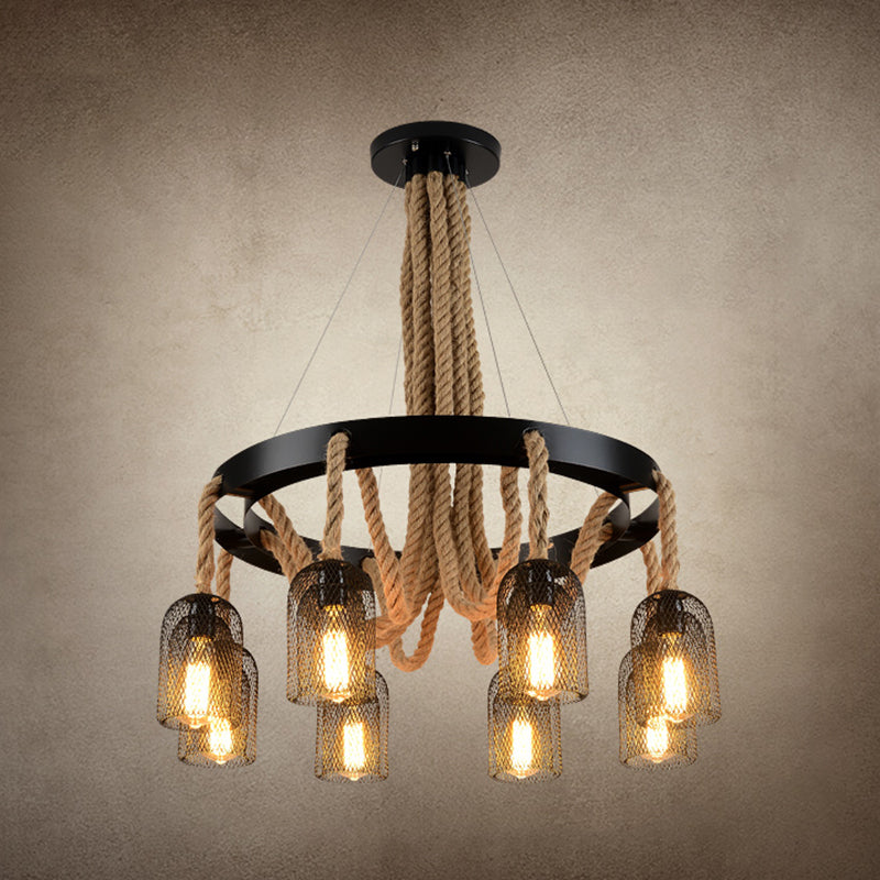 Cylinder Iron Chandelier Light Vintage Restaurant Pendant Light Fixture with Dangling Rope in Black 8 Black Clearhalo 'Cast Iron' 'Ceiling Lights' 'Chandeliers' 'Industrial Chandeliers' 'Industrial' 'Metal' 'Middle Century Chandeliers' 'Rustic Chandeliers' 'Tiffany' Lighting' 2227598