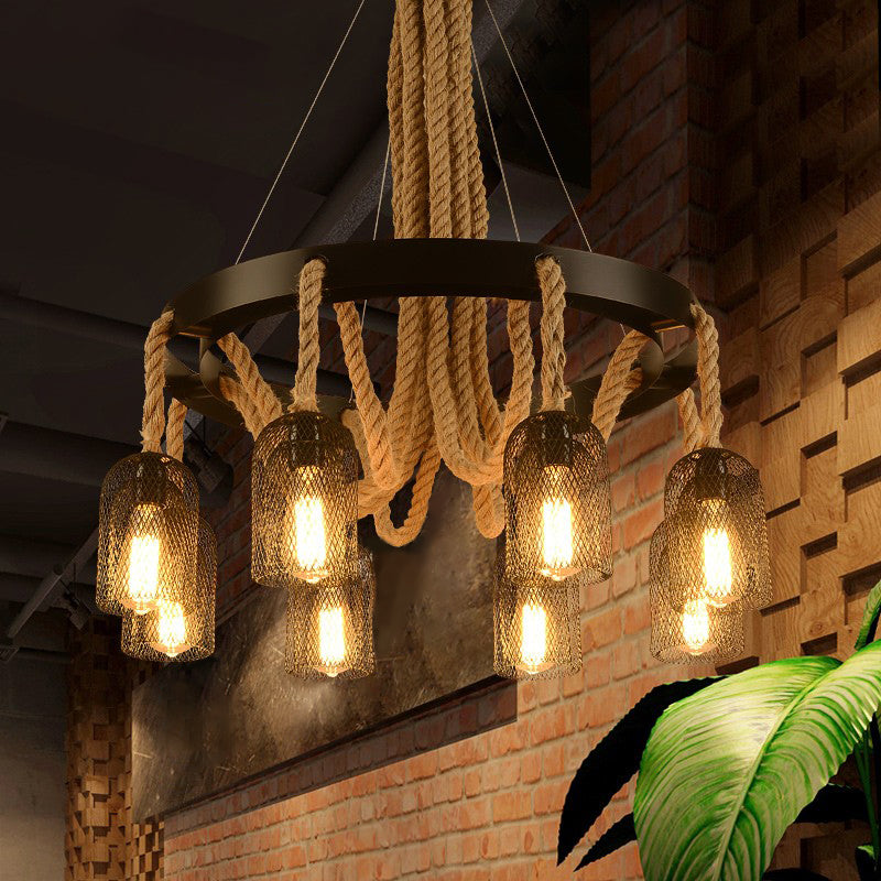 Cylinder Iron Chandelier Light Vintage Restaurant Pendant Light Fixture with Dangling Rope in Black Clearhalo 'Cast Iron' 'Ceiling Lights' 'Chandeliers' 'Industrial Chandeliers' 'Industrial' 'Metal' 'Middle Century Chandeliers' 'Rustic Chandeliers' 'Tiffany' Lighting' 2227599