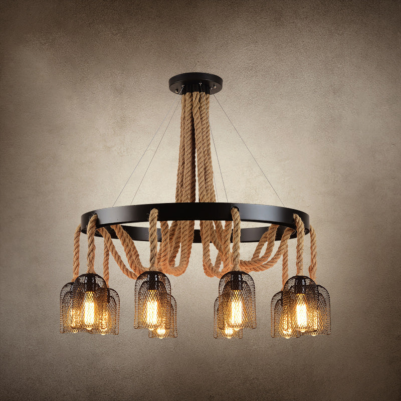 Cylinder Iron Chandelier Light Vintage Restaurant Pendant Light Fixture with Dangling Rope in Black 10 Black Clearhalo 'Cast Iron' 'Ceiling Lights' 'Chandeliers' 'Industrial Chandeliers' 'Industrial' 'Metal' 'Middle Century Chandeliers' 'Rustic Chandeliers' 'Tiffany' Lighting' 2227600