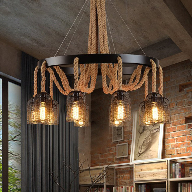 Cylinder Iron Chandelier Light Vintage Restaurant Pendant Light Fixture with Dangling Rope in Black Clearhalo 'Cast Iron' 'Ceiling Lights' 'Chandeliers' 'Industrial Chandeliers' 'Industrial' 'Metal' 'Middle Century Chandeliers' 'Rustic Chandeliers' 'Tiffany' Lighting' 2227601
