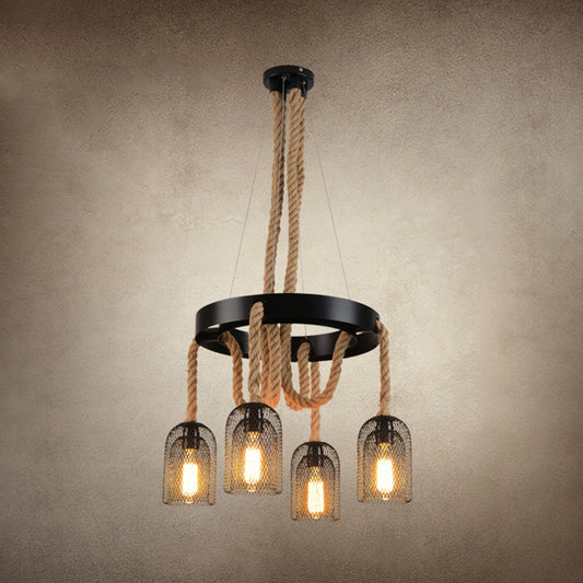 Cylinder Iron Chandelier Light Vintage Restaurant Pendant Light Fixture with Dangling Rope in Black 4 Black Clearhalo 'Cast Iron' 'Ceiling Lights' 'Chandeliers' 'Industrial Chandeliers' 'Industrial' 'Metal' 'Middle Century Chandeliers' 'Rustic Chandeliers' 'Tiffany' Lighting' 2227602