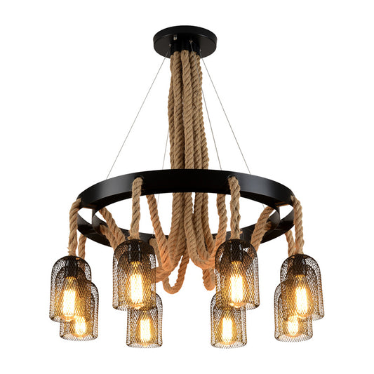 Cylinder Iron Chandelier Light Vintage Restaurant Pendant Light Fixture with Dangling Rope in Black Clearhalo 'Cast Iron' 'Ceiling Lights' 'Chandeliers' 'Industrial Chandeliers' 'Industrial' 'Metal' 'Middle Century Chandeliers' 'Rustic Chandeliers' 'Tiffany' Lighting' 2227603