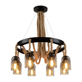 Cylinder Iron Chandelier Light Vintage Restaurant Pendant Light Fixture with Dangling Rope in Black Clearhalo 'Cast Iron' 'Ceiling Lights' 'Chandeliers' 'Industrial Chandeliers' 'Industrial' 'Metal' 'Middle Century Chandeliers' 'Rustic Chandeliers' 'Tiffany' Lighting' 2227603
