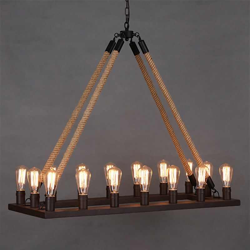 Iron Rectangular Suspension Light Industrial 16 Heads Cafe Chandelier Light with Hemp Rope in Black Black Clearhalo 'Cast Iron' 'Ceiling Lights' 'Chandeliers' 'Industrial Chandeliers' 'Industrial' 'Metal' 'Middle Century Chandeliers' 'Rustic Chandeliers' 'Tiffany' Lighting' 2227604