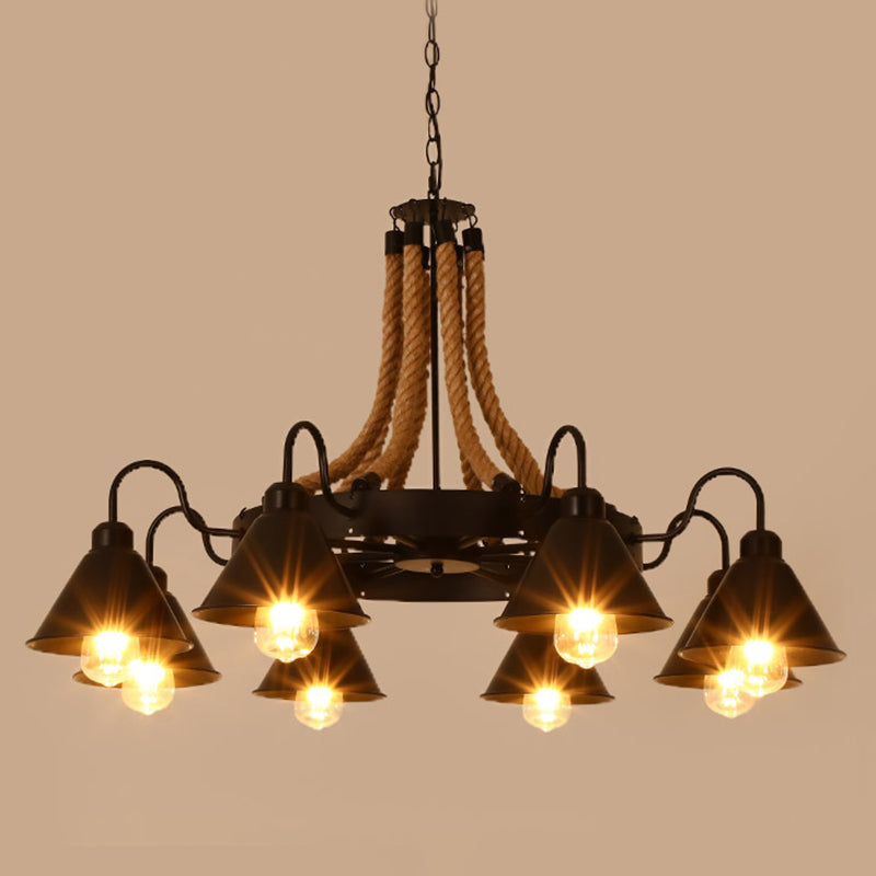 Black Dangling Suspension Light Rustic Style Hemp Rope Restaurant Chandelier Light 8 Black A Clearhalo 'Cast Iron' 'Ceiling Lights' 'Chandeliers' 'Industrial Chandeliers' 'Industrial' 'Metal' 'Middle Century Chandeliers' 'Rustic Chandeliers' 'Tiffany' Lighting' 2227609
