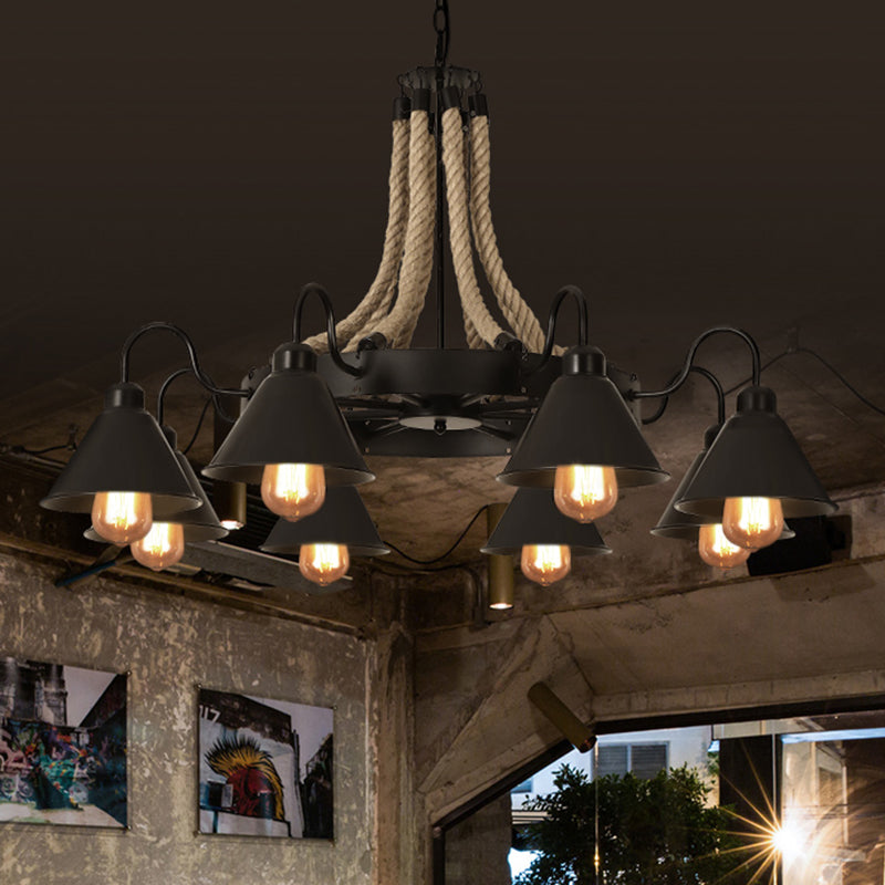 Black Dangling Suspension Light Rustic Style Hemp Rope Restaurant Chandelier Light Clearhalo 'Cast Iron' 'Ceiling Lights' 'Chandeliers' 'Industrial Chandeliers' 'Industrial' 'Metal' 'Middle Century Chandeliers' 'Rustic Chandeliers' 'Tiffany' Lighting' 2227612
