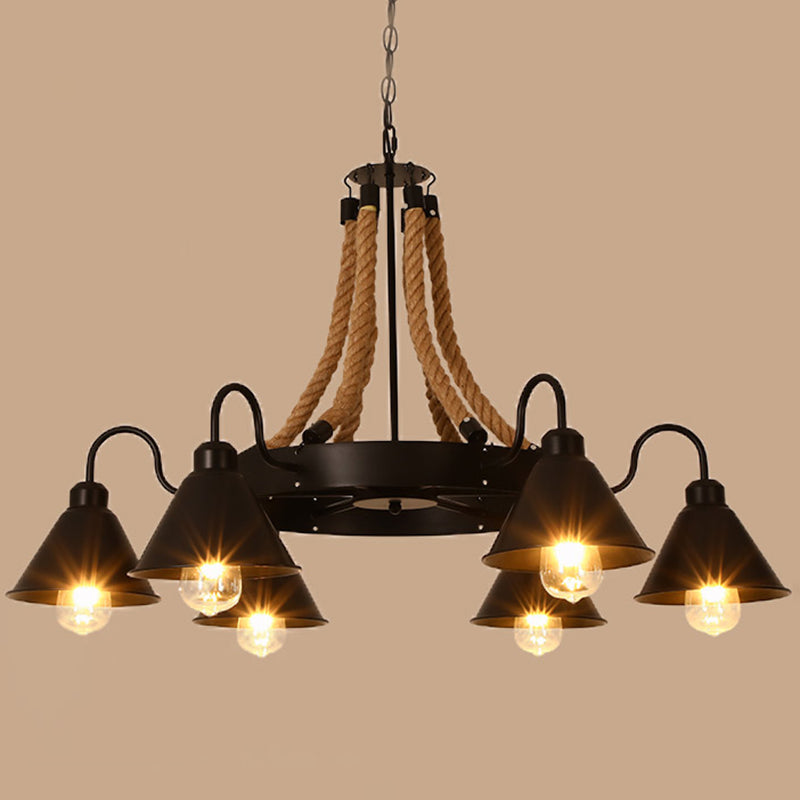 Black Dangling Suspension Light Rustic Style Hemp Rope Restaurant Chandelier Light 6 Black A Clearhalo 'Cast Iron' 'Ceiling Lights' 'Chandeliers' 'Industrial Chandeliers' 'Industrial' 'Metal' 'Middle Century Chandeliers' 'Rustic Chandeliers' 'Tiffany' Lighting' 2227613