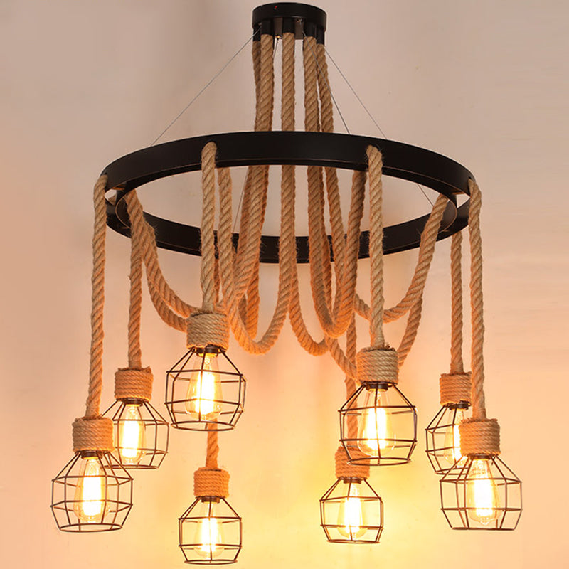 Black Dangling Suspension Light Rustic Style Hemp Rope Restaurant Chandelier Light 8 Black E Clearhalo 'Cast Iron' 'Ceiling Lights' 'Chandeliers' 'Industrial Chandeliers' 'Industrial' 'Metal' 'Middle Century Chandeliers' 'Rustic Chandeliers' 'Tiffany' Lighting' 2227616
