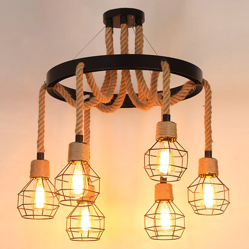 Black Dangling Suspension Light Rustic Style Hemp Rope Restaurant Chandelier Light 6 Black E Clearhalo 'Cast Iron' 'Ceiling Lights' 'Chandeliers' 'Industrial Chandeliers' 'Industrial' 'Metal' 'Middle Century Chandeliers' 'Rustic Chandeliers' 'Tiffany' Lighting' 2227617