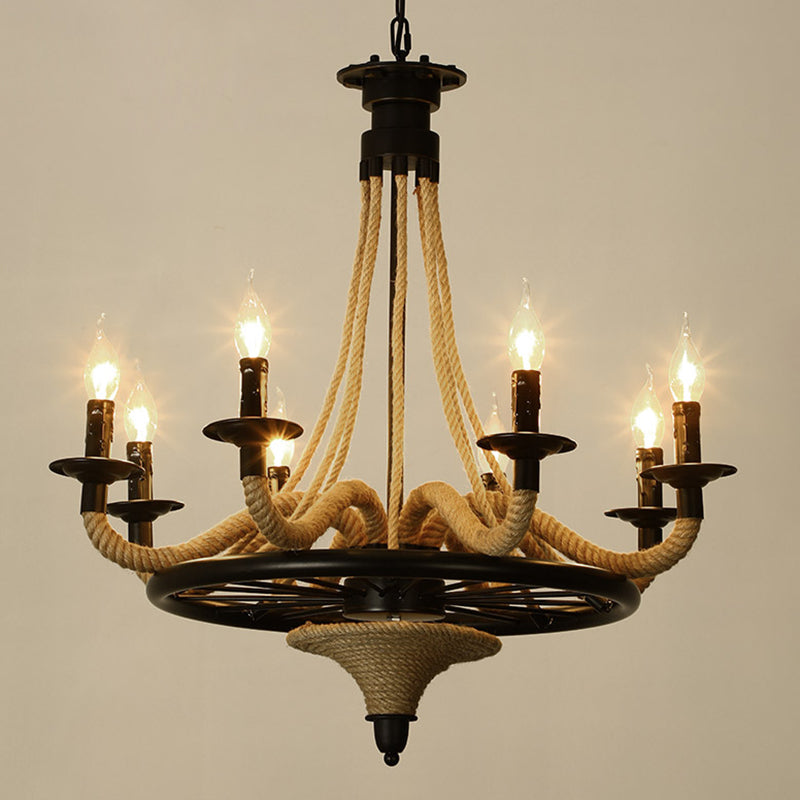 Black Dangling Suspension Light Rustic Style Hemp Rope Restaurant Chandelier Light 8 Black C Clearhalo 'Cast Iron' 'Ceiling Lights' 'Chandeliers' 'Industrial Chandeliers' 'Industrial' 'Metal' 'Middle Century Chandeliers' 'Rustic Chandeliers' 'Tiffany' Lighting' 2227618