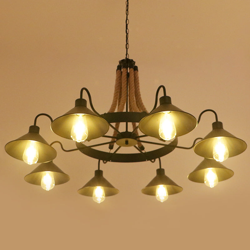 Circular Iron Ceiling Lighting Industrial Restaurant Chandelier Light Fixture with Hemp Rope in Black 8 Black B Clearhalo 'Cast Iron' 'Ceiling Lights' 'Chandeliers' 'Industrial Chandeliers' 'Industrial' 'Metal' 'Middle Century Chandeliers' 'Rustic Chandeliers' 'Tiffany' Lighting' 2227620
