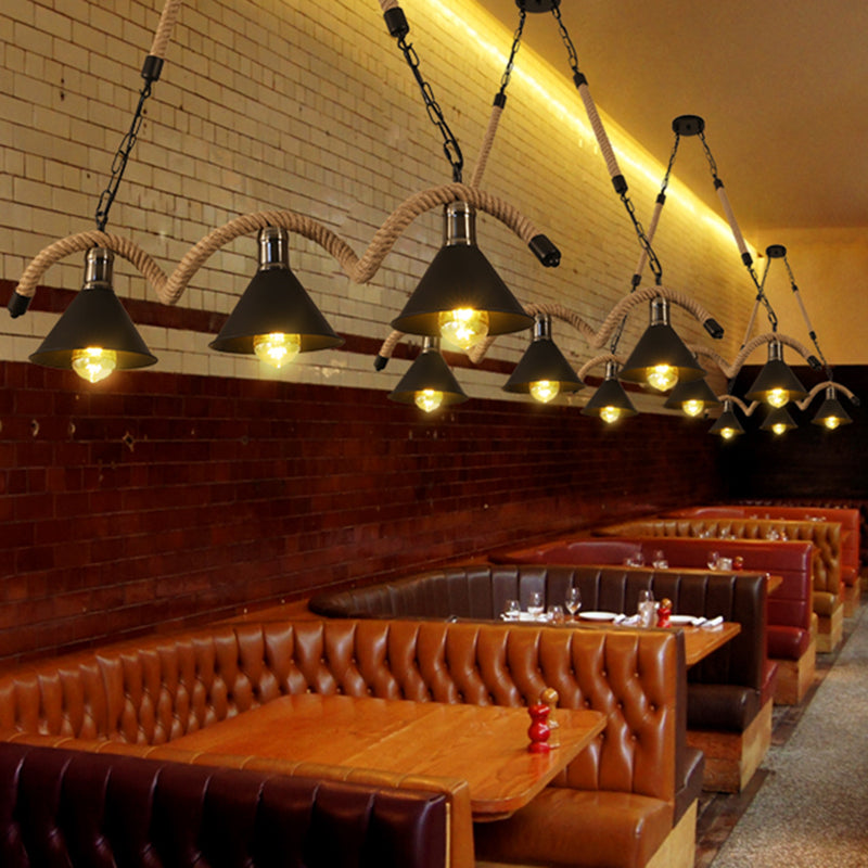 Vintage Shaded Pendant Lighting Iron Hanging Island Light with Hemp Rope in Black Clearhalo 'Ceiling Lights' 'Island Lights' Lighting' 2227633