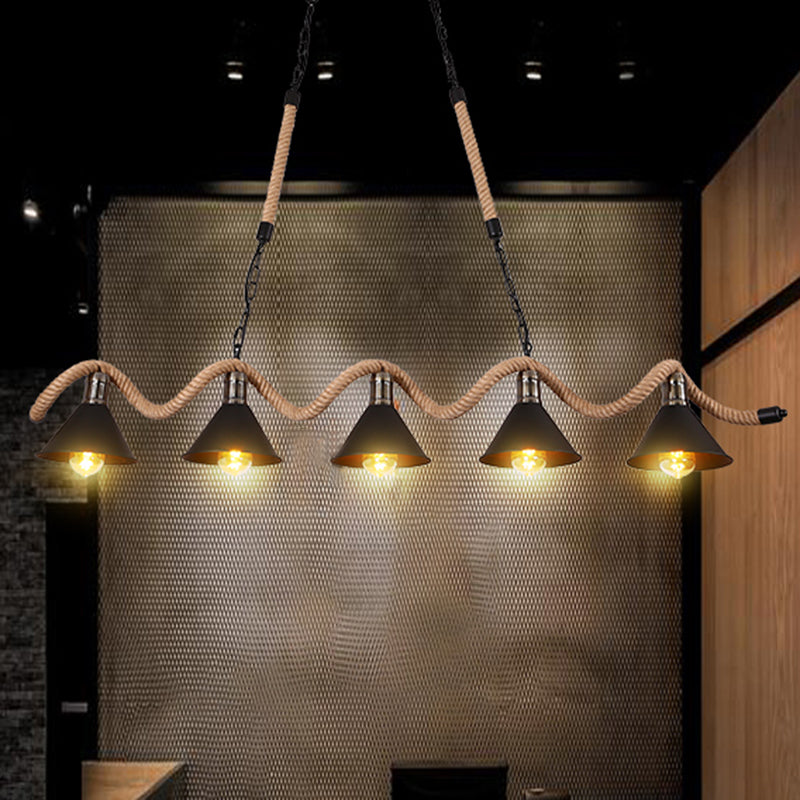 Vintage Shaded Pendant Lighting Iron Hanging Island Light with Hemp Rope in Black Clearhalo 'Ceiling Lights' 'Island Lights' Lighting' 2227636