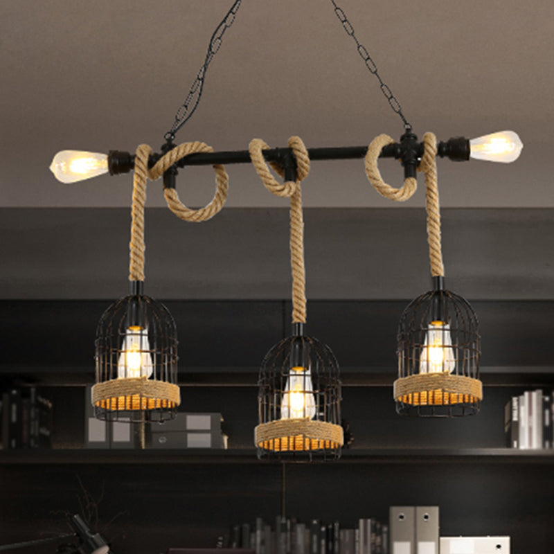 Vintage Shaded Pendant Lighting Iron Hanging Island Light with Hemp Rope in Black Clearhalo 'Ceiling Lights' 'Island Lights' Lighting' 2227638