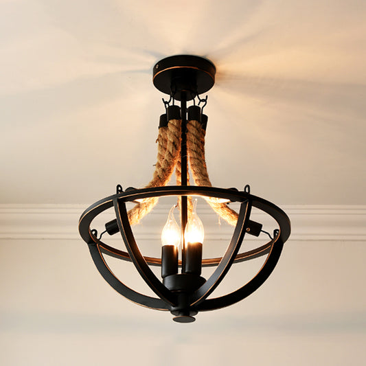 3 Bulbs Chandelier Lighting Retro Style Basket Iron Pendant Light with Hemp Rope Black Clearhalo 'Cast Iron' 'Ceiling Lights' 'Chandeliers' 'Industrial Chandeliers' 'Industrial' 'Metal' 'Middle Century Chandeliers' 'Rustic Chandeliers' 'Tiffany' Lighting' 2227646
