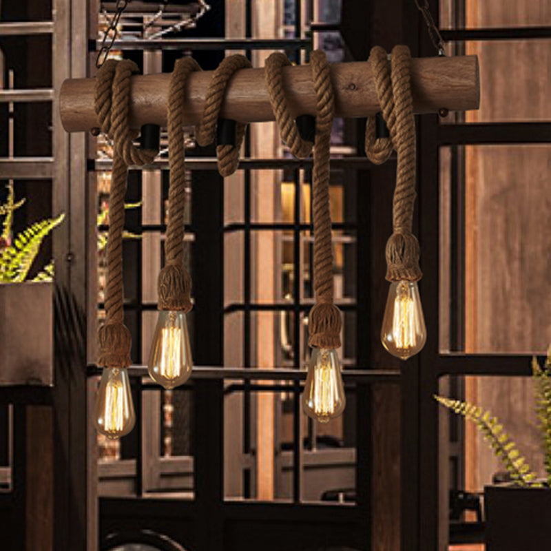 4 Heads Island Pendant Light Antique Exposed Bulb Hemp Rope Ceiling Lighting in Wood Clearhalo 'Ceiling Lights' 'Island Lights' Lighting' 2227653
