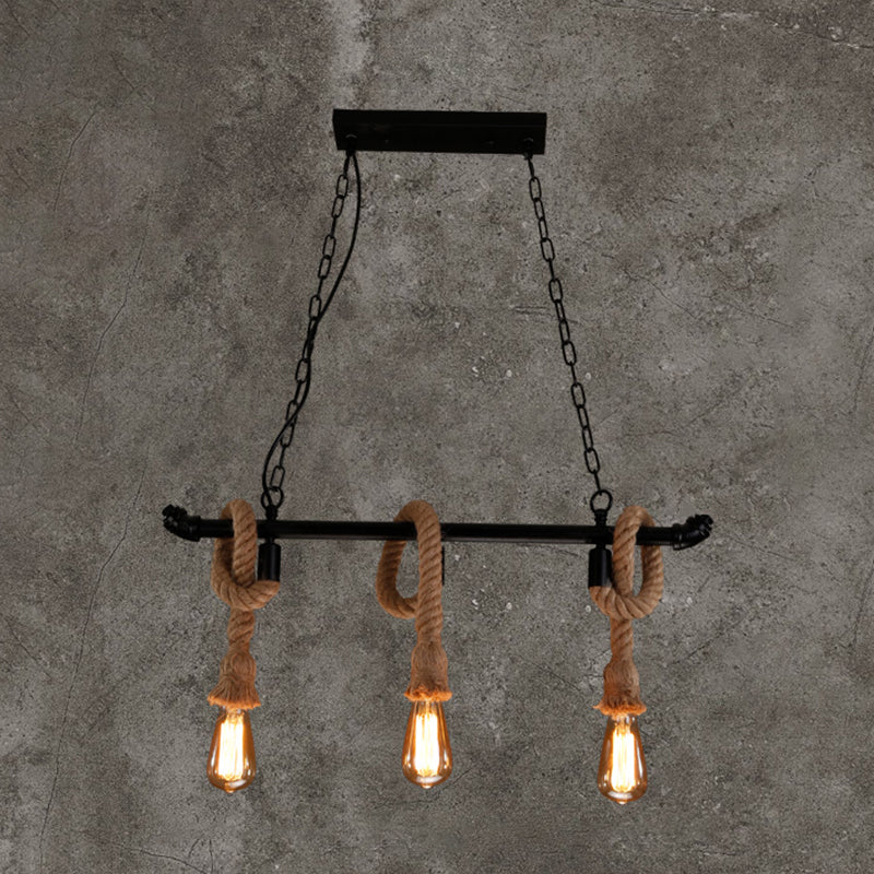Water Pipe Metallic Hanging Lamp Rustic Style Restaurant Island Chandelier Light with Hemp Rope in Black 3 Black Clearhalo 'Ceiling Lights' 'Island Lights' Lighting' 2227656