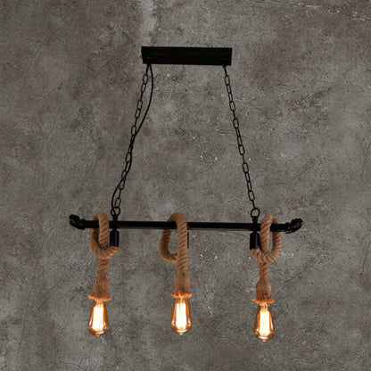 Water Pipe Metallic Hanging Lamp Rustic Style Restaurant Island Chandelier Light with Hemp Rope in Black 3 Black Clearhalo 'Ceiling Lights' 'Island Lights' Lighting' 2227656
