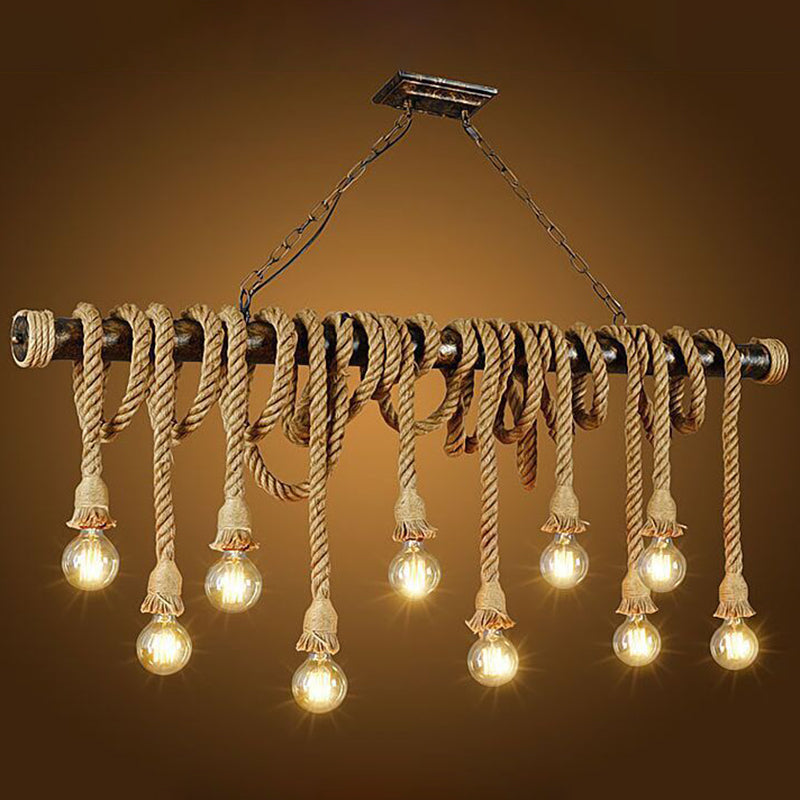 Hemp Rope Exposed Bulb Island Light Fixture Retro Restaurant Ceiling Pendant Light in Flaxen Clearhalo 'Ceiling Lights' 'Island Lights' Lighting' 2227661