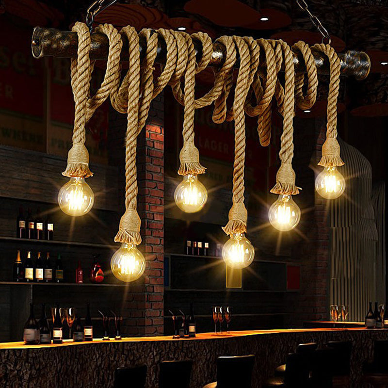 Hemp Rope Exposed Bulb Island Light Fixture Retro Restaurant Ceiling Pendant Light in Flaxen 6 Flaxen Clearhalo 'Ceiling Lights' 'Island Lights' Lighting' 2227664
