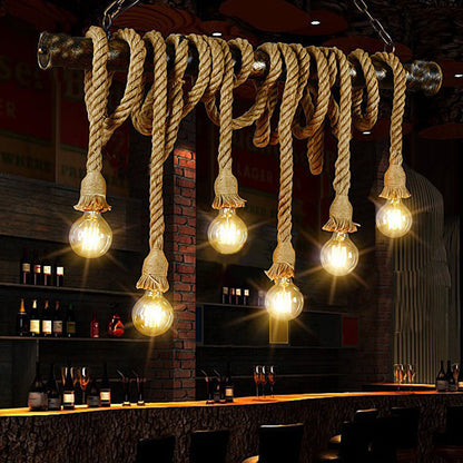 Hemp Rope Exposed Bulb Island Light Fixture Retro Restaurant Ceiling Pendant Light in Flaxen 6 Flaxen Clearhalo 'Ceiling Lights' 'Island Lights' Lighting' 2227664