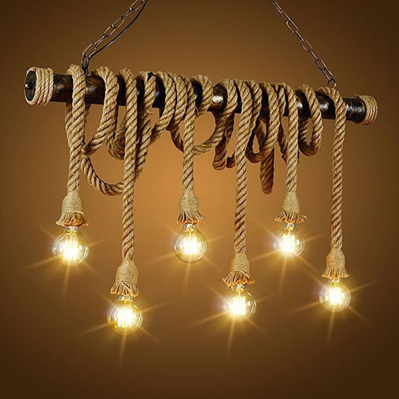 Hemp Rope Exposed Bulb Island Light Fixture Retro Restaurant Ceiling Pendant Light in Flaxen Clearhalo 'Ceiling Lights' 'Island Lights' Lighting' 2227665