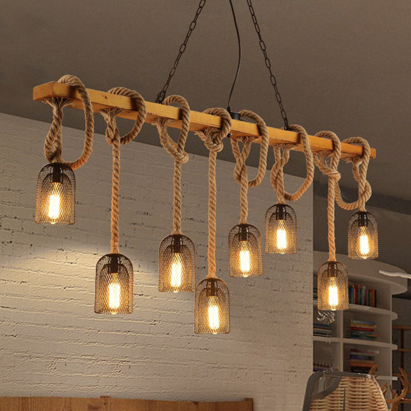 Metallic Elongated Dome Hanging Lamp Antique Restaurant Island Chandelier Light with Hemp Rope in Wood Clearhalo 'Ceiling Lights' 'Island Lights' Lighting' 2227679