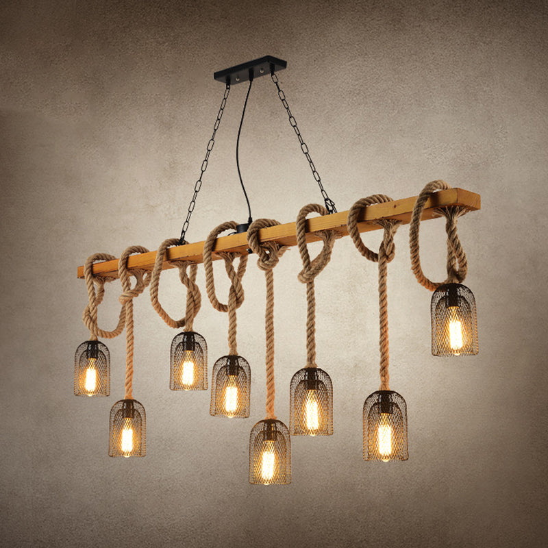 Metallic Elongated Dome Hanging Lamp Antique Restaurant Island Chandelier Light with Hemp Rope in Wood 8 Wood Clearhalo 'Ceiling Lights' 'Island Lights' Lighting' 2227680