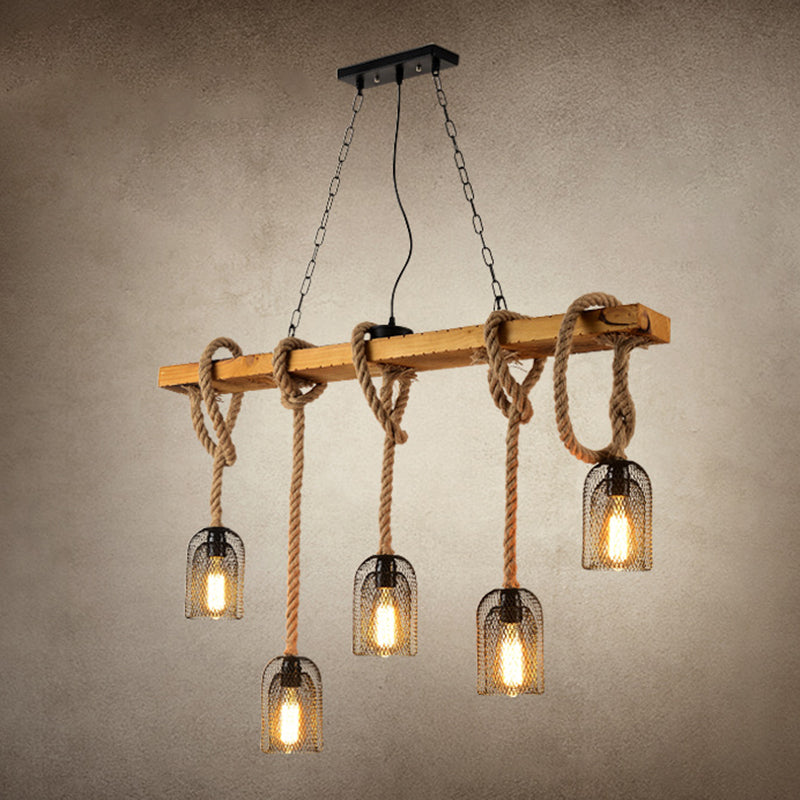 Metallic Elongated Dome Hanging Lamp Antique Restaurant Island Chandelier Light with Hemp Rope in Wood 5 Wood Clearhalo 'Ceiling Lights' 'Island Lights' Lighting' 2227681