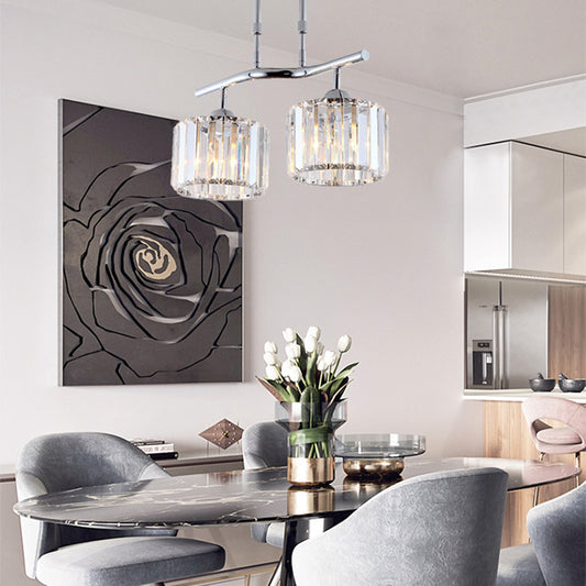 2/3 Bulbs Dining Room Island Pendant Modern Chrome Hanging Ceiling Light with Drum Crystal Shade 2 Chrome Clearhalo 'Ceiling Lights' 'Island Lights' Lighting' 222768