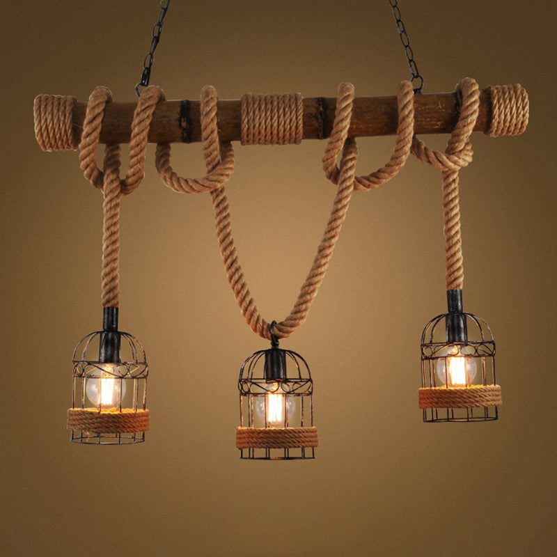 Flaxen 3 Bulbs Suspension Lighting Retro Metallic Birdcage Island Ceiling Light with Hemp Rope Clearhalo 'Ceiling Lights' 'Island Lights' Lighting' 2227692
