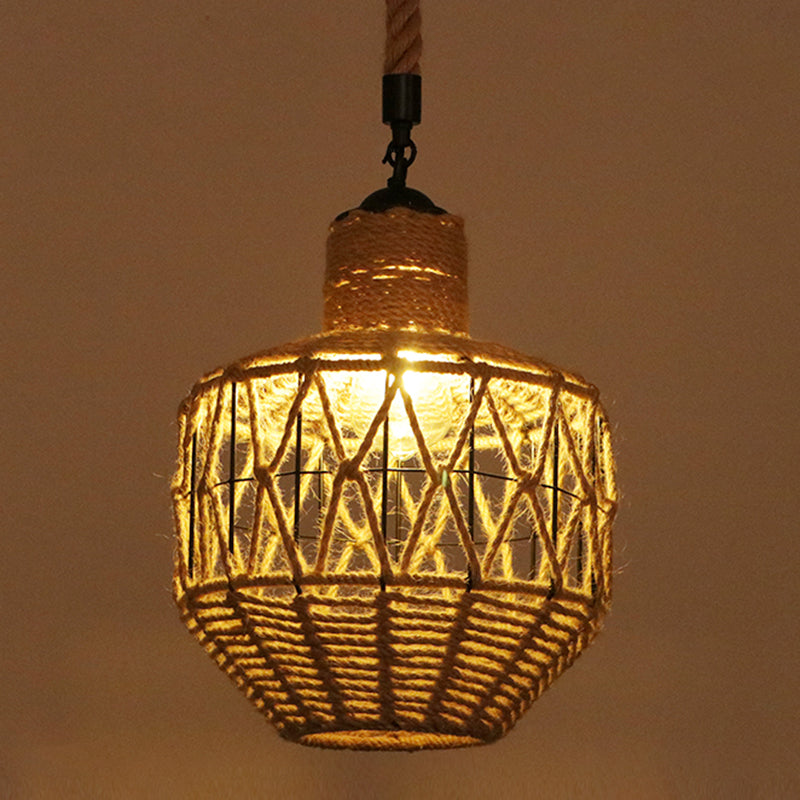 Flaxen Caged Ceiling Light Industrial Hemp Rope Single Restaurant Hanging Pendant Light Flaxen H Clearhalo 'Ceiling Lights' 'Industrial Pendants' 'Industrial' 'Middle Century Pendants' 'Pendant Lights' 'Pendants' 'Tiffany' Lighting' 2227699