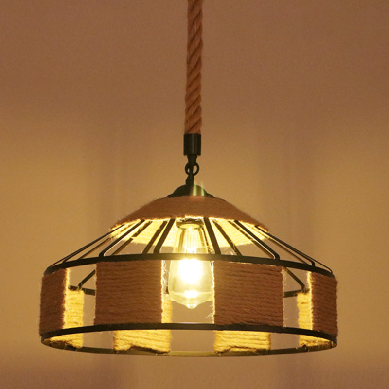 Flaxen Caged Ceiling Light Industrial Hemp Rope Single Restaurant Hanging Pendant Light Flaxen B Clearhalo 'Ceiling Lights' 'Industrial Pendants' 'Industrial' 'Middle Century Pendants' 'Pendant Lights' 'Pendants' 'Tiffany' Lighting' 2227702