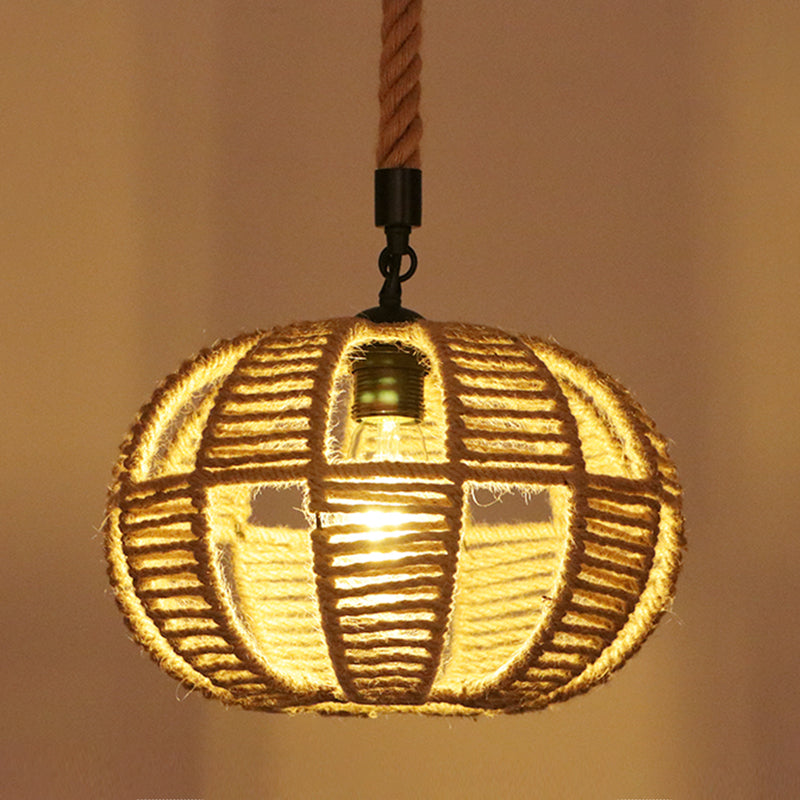 Flaxen Caged Ceiling Light Industrial Hemp Rope Single Restaurant Hanging Pendant Light Flaxen D Clearhalo 'Ceiling Lights' 'Industrial Pendants' 'Industrial' 'Middle Century Pendants' 'Pendant Lights' 'Pendants' 'Tiffany' Lighting' 2227705