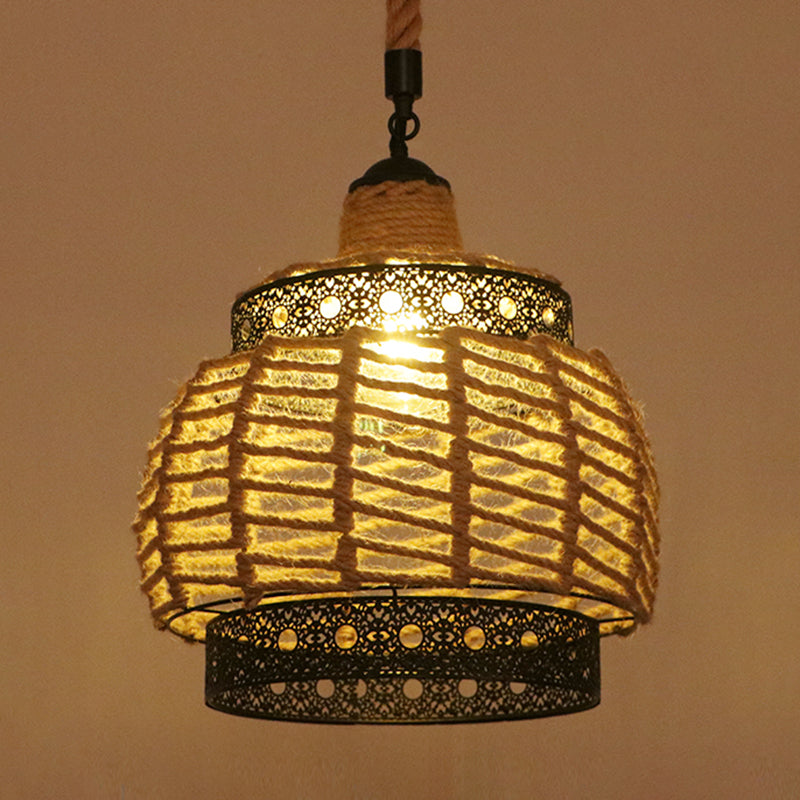 Flaxen Caged Ceiling Light Industrial Hemp Rope Single Restaurant Hanging Pendant Light Flaxen L Clearhalo 'Ceiling Lights' 'Industrial Pendants' 'Industrial' 'Middle Century Pendants' 'Pendant Lights' 'Pendants' 'Tiffany' Lighting' 2227707
