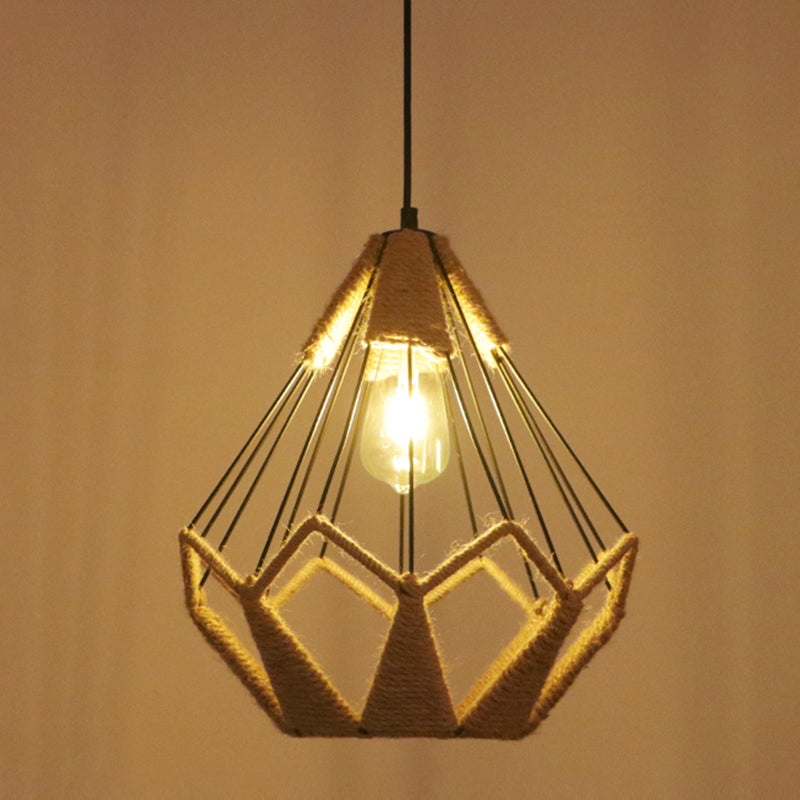 Flaxen Caged Ceiling Light Industrial Hemp Rope Single Restaurant Hanging Pendant Light Flaxen G Clearhalo 'Ceiling Lights' 'Industrial Pendants' 'Industrial' 'Middle Century Pendants' 'Pendant Lights' 'Pendants' 'Tiffany' Lighting' 2227709