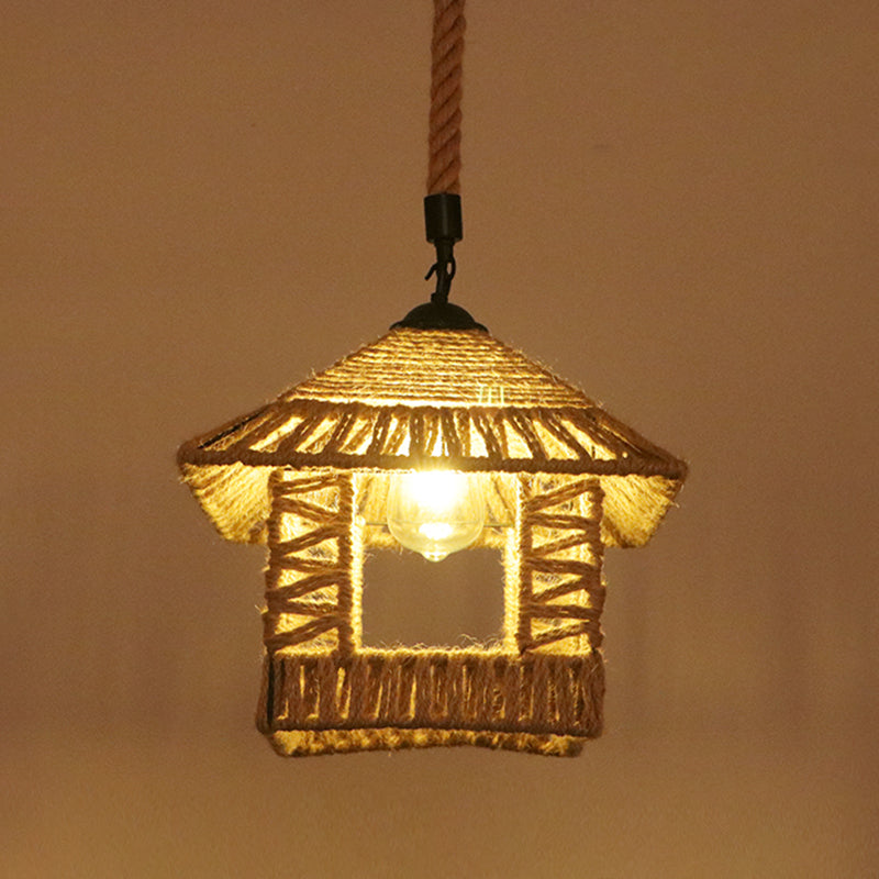 Flaxen Caged Ceiling Light Industrial Hemp Rope Single Restaurant Hanging Pendant Light Flaxen E Clearhalo 'Ceiling Lights' 'Industrial Pendants' 'Industrial' 'Middle Century Pendants' 'Pendant Lights' 'Pendants' 'Tiffany' Lighting' 2227710