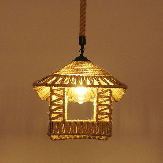 Flaxen Caged Ceiling Light Industrial Hemp Rope Single Restaurant Hanging Pendant Light Flaxen E Clearhalo 'Ceiling Lights' 'Industrial Pendants' 'Industrial' 'Middle Century Pendants' 'Pendant Lights' 'Pendants' 'Tiffany' Lighting' 2227710