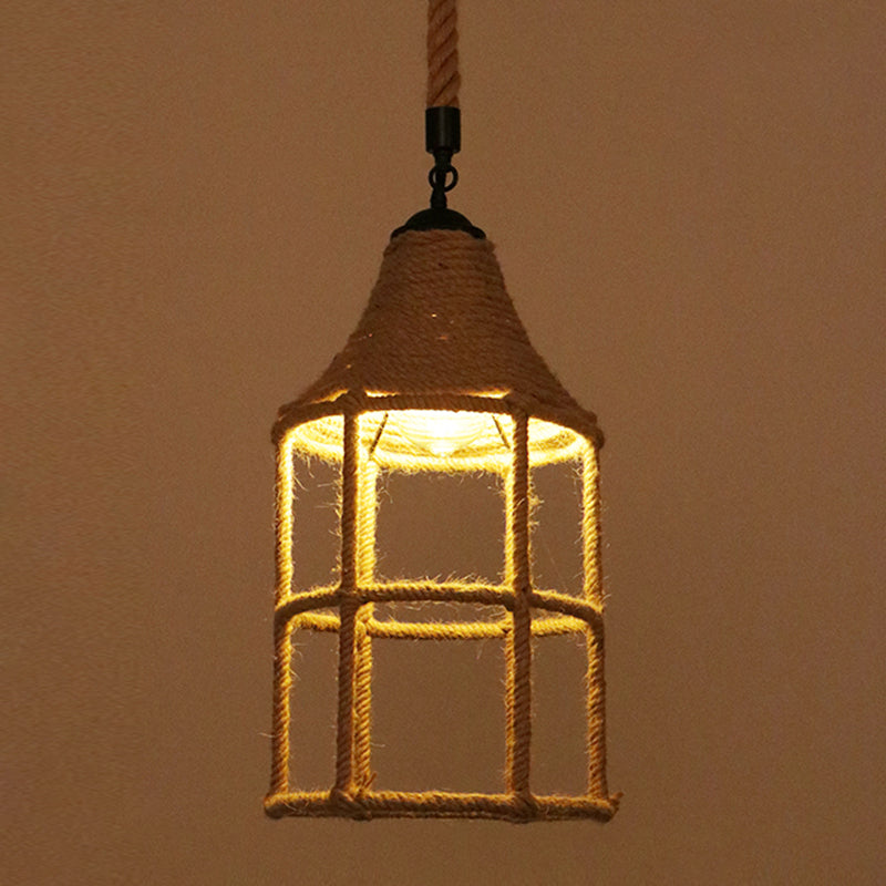 Flaxen Caged Ceiling Light Industrial Hemp Rope Single Restaurant Hanging Pendant Light Flaxen M Clearhalo 'Ceiling Lights' 'Industrial Pendants' 'Industrial' 'Middle Century Pendants' 'Pendant Lights' 'Pendants' 'Tiffany' Lighting' 2227712