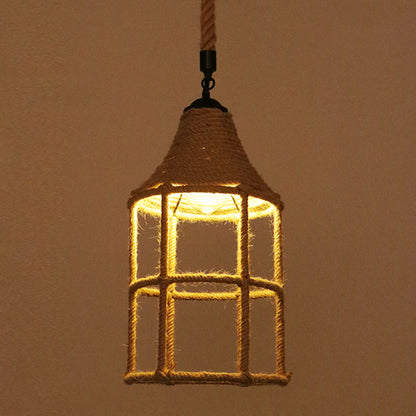 Flaxen Caged Ceiling Light Industrial Hemp Rope Single Restaurant Hanging Pendant Light Flaxen M Clearhalo 'Ceiling Lights' 'Industrial Pendants' 'Industrial' 'Middle Century Pendants' 'Pendant Lights' 'Pendants' 'Tiffany' Lighting' 2227712