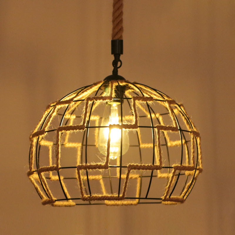 Flaxen Caged Ceiling Light Industrial Hemp Rope Single Restaurant Hanging Pendant Light Flaxen K Clearhalo 'Ceiling Lights' 'Industrial Pendants' 'Industrial' 'Middle Century Pendants' 'Pendant Lights' 'Pendants' 'Tiffany' Lighting' 2227713
