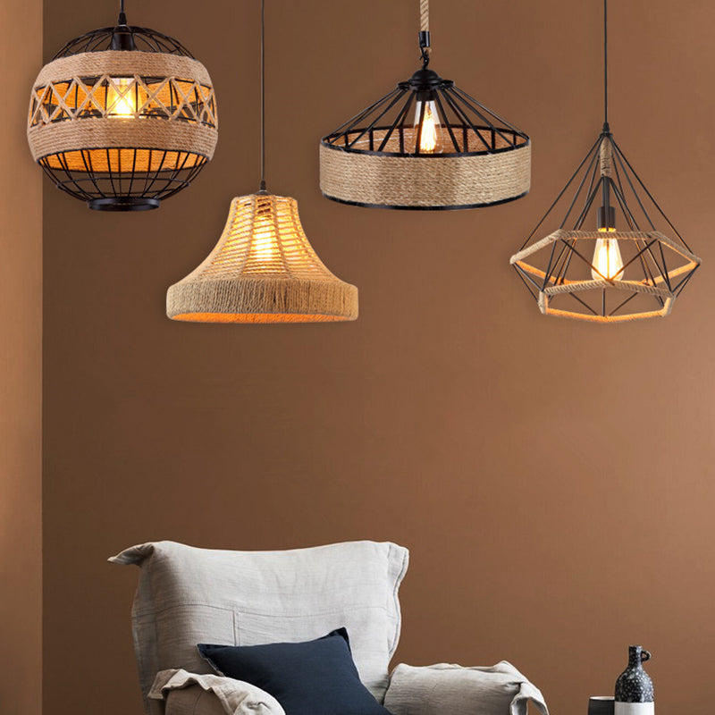 Flaxen Single-Bulb Hanging Lamp Industrial Style Hemp Rope Caged Lighting Pendant Clearhalo 'Ceiling Lights' 'Industrial Pendants' 'Industrial' 'Middle Century Pendants' 'Pendant Lights' 'Pendants' 'Tiffany' Lighting' 2227714