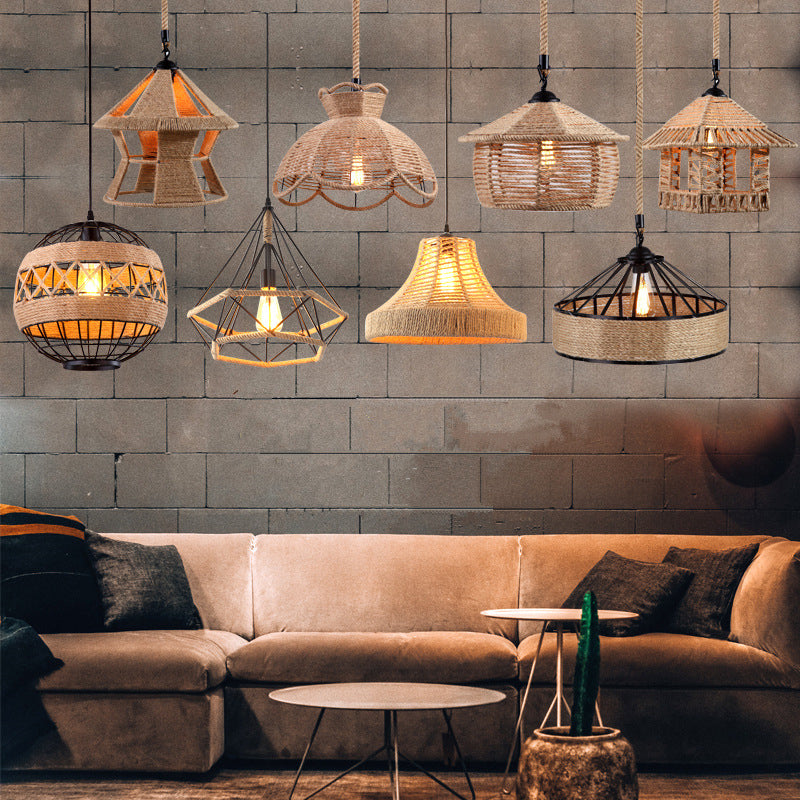 Flaxen Single-Bulb Hanging Lamp Industrial Style Hemp Rope Caged Lighting Pendant Clearhalo 'Ceiling Lights' 'Industrial Pendants' 'Industrial' 'Middle Century Pendants' 'Pendant Lights' 'Pendants' 'Tiffany' Lighting' 2227715
