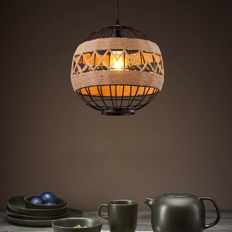 Flaxen Single-Bulb Hanging Lamp Industrial Style Hemp Rope Caged Lighting Pendant Flaxen B Clearhalo 'Ceiling Lights' 'Industrial Pendants' 'Industrial' 'Middle Century Pendants' 'Pendant Lights' 'Pendants' 'Tiffany' Lighting' 2227716